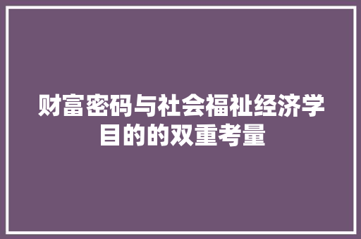 财富密码与社会福祉经济学目的的双重考量